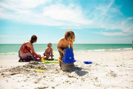 family beach ocean sandcastles